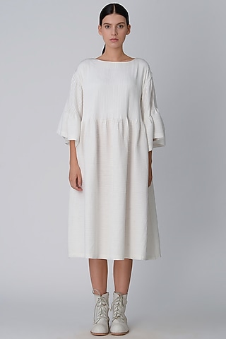 White Pintucked Peplum Dress by Rajesh Pratap Singh