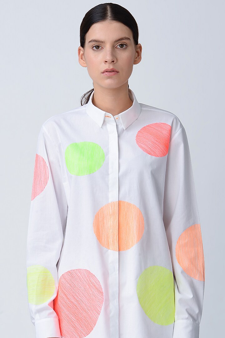 White Polka Embroidered Cotton Shirt by Rajesh Pratap Singh at Pernia's Pop Up Shop