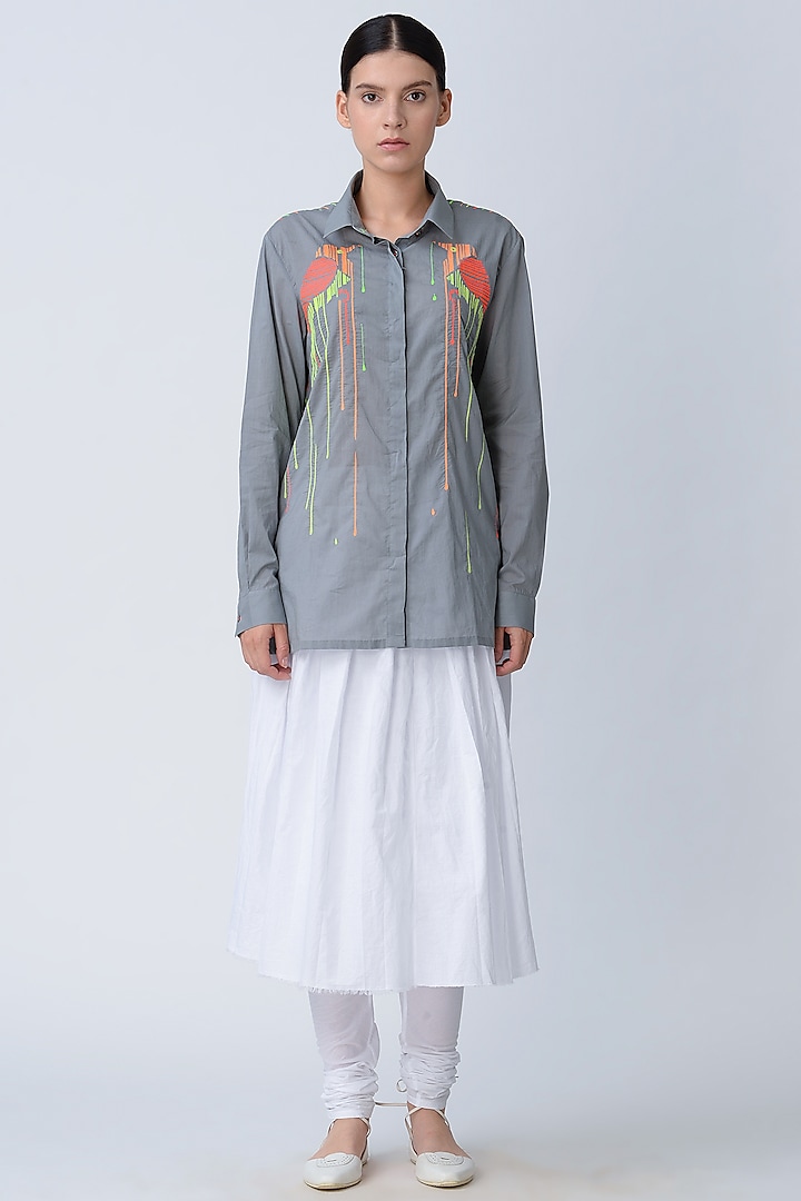 Grey Bird Embroidered Cotton Shirt by Rajesh Pratap Singh