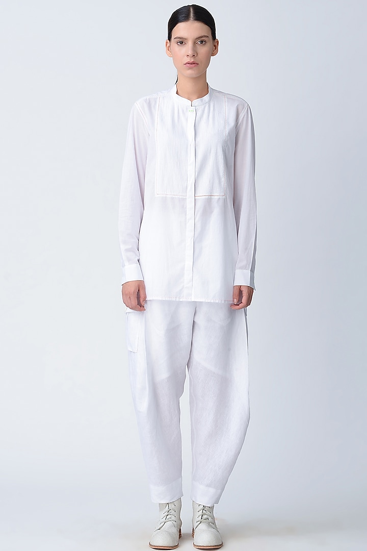 White Pintucked Embroidered Shirt by Rajesh Pratap Singh