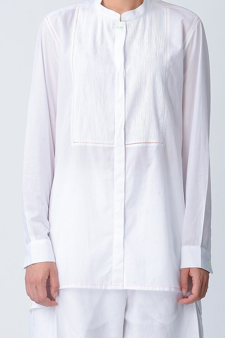 White Pintucked Embroidered Shirt by Rajesh Pratap Singh at Pernia's Pop Up Shop