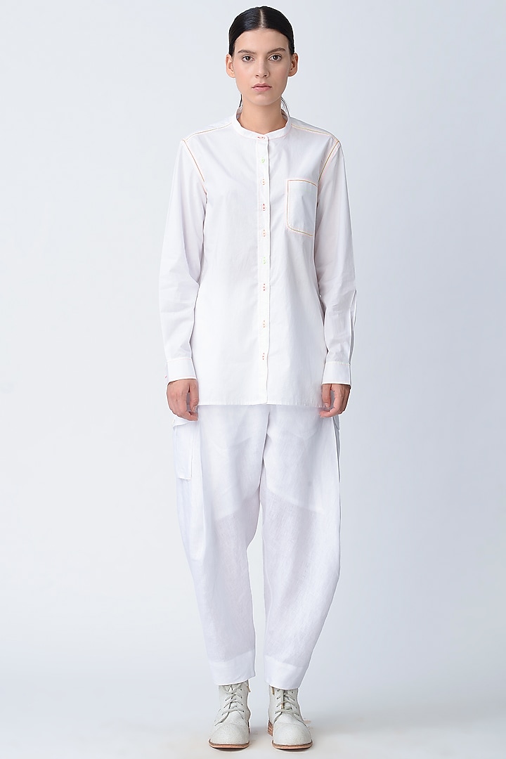 White Stitched Cotton Shirt by Rajesh Pratap Singh