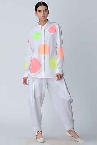 White Polka Dot Embroidered Top by Rajesh Pratap Singh