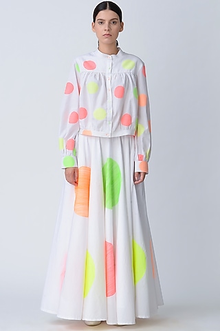 White Polka Dot Embroidered Skirt by Rajesh Pratap Singh