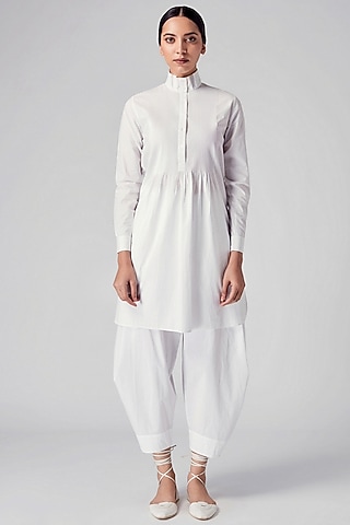 White Cotton Pintuck Tunic by Rajesh Pratap Singh