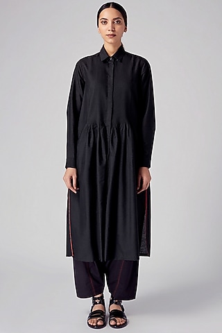 Black Viscose Katan Pintuck Tunic by Rajesh Pratap Singh