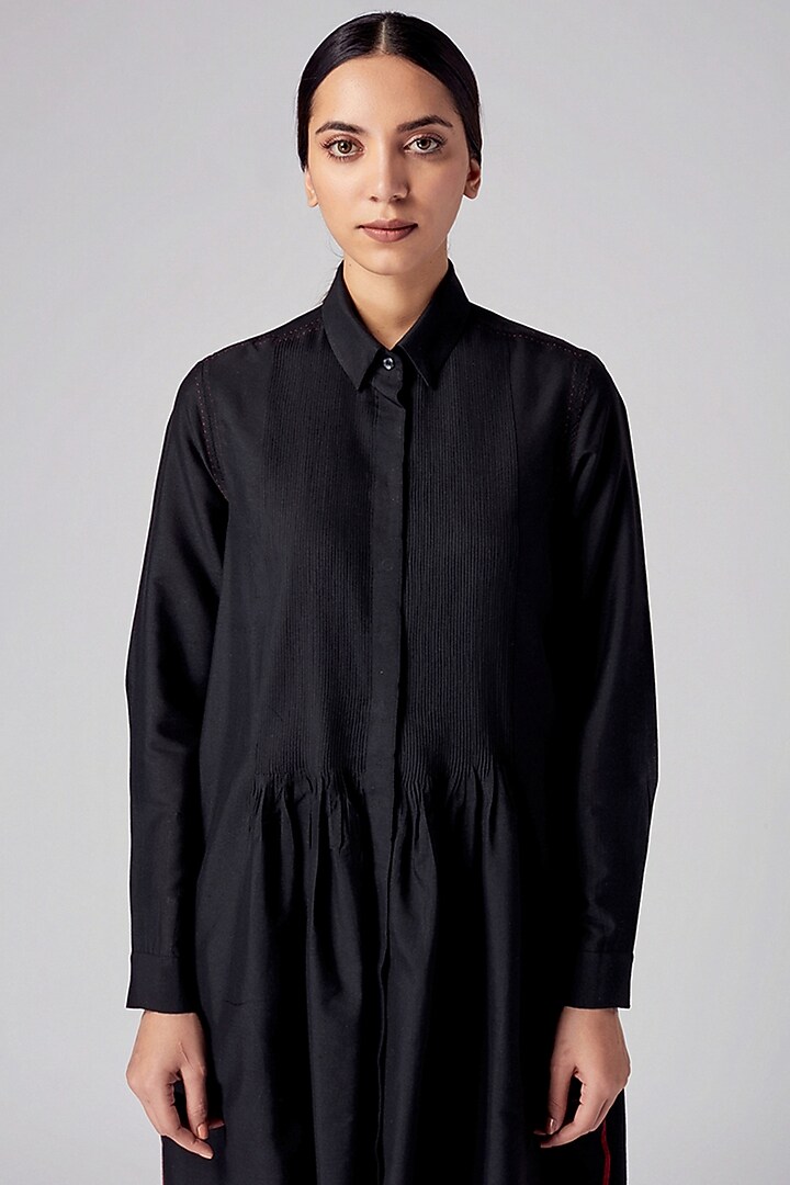 Black Viscose Katan Pintuck Tunic by Rajesh Pratap Singh at Pernia's Pop Up Shop