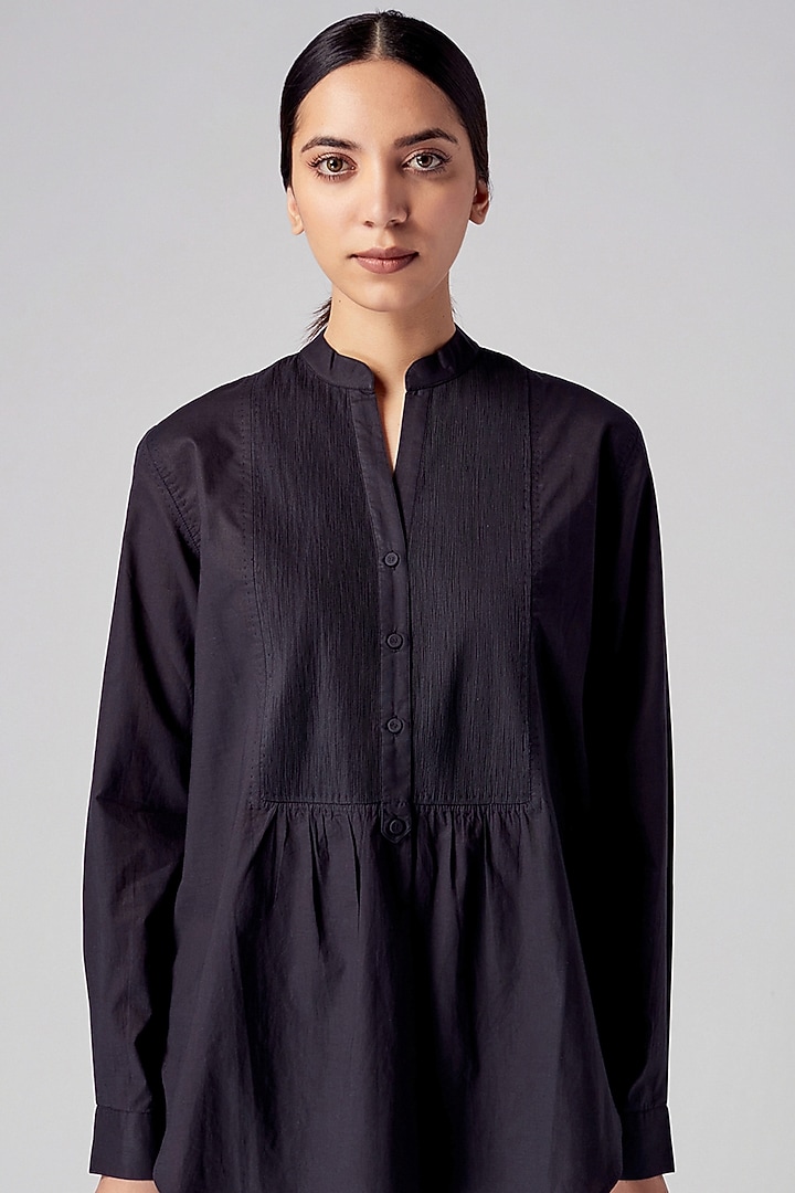 Black Cotton Pintuck Shirt by Rajesh Pratap Singh at Pernia's Pop Up Shop