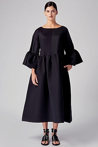 Black Pleated Peplum Dress by Rajesh Pratap Singh