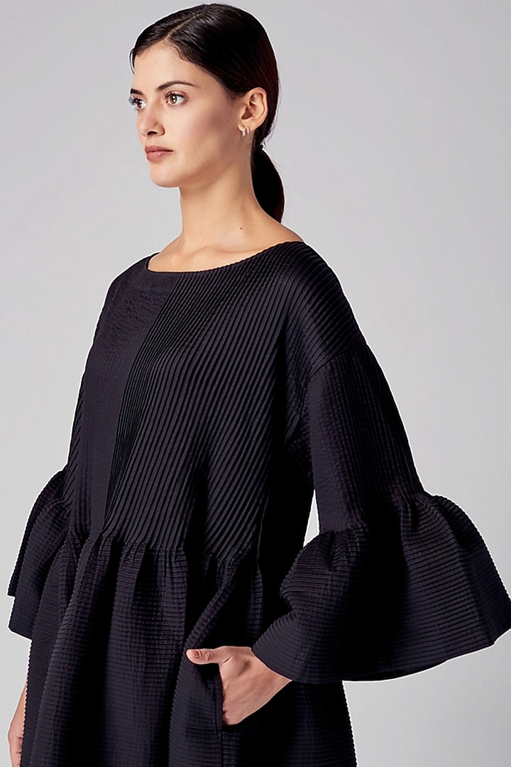 Black Pleated Peplum Cocktail Dress by Rajesh Pratap Singh at Pernia's Pop Up Shop