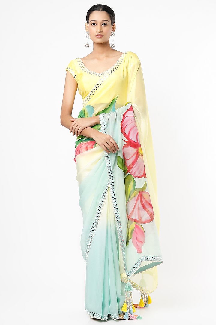 Butter Yellow & Powder Blue Hand-Painted & Embroidered Saree Set by Roopa Sharma