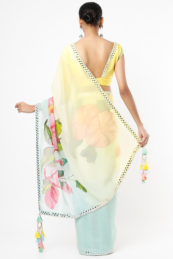 Butter Yellow & Powder Blue Hand-Painted & Embroidered Party Wear Saree Set by Roopa Sharma at Pernia's Pop Up Shop