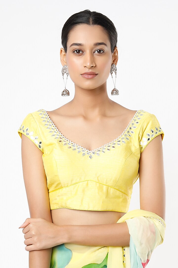Butter Yellow & Powder Blue Hand-Painted & Embroidered Party Wear Saree Set by Roopa Sharma at Pernia's Pop Up Shop
