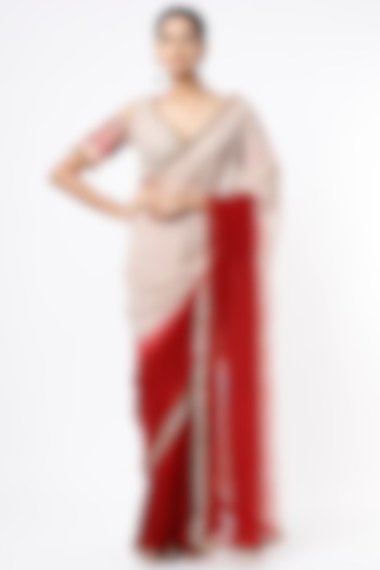 Beige & Maroon Hand-Painted & Embroidered Saree Set by Roopa Sharma