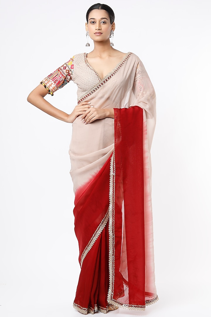 Beige & Maroon Hand-Painted & Embroidered Saree Set by Roopa Sharma