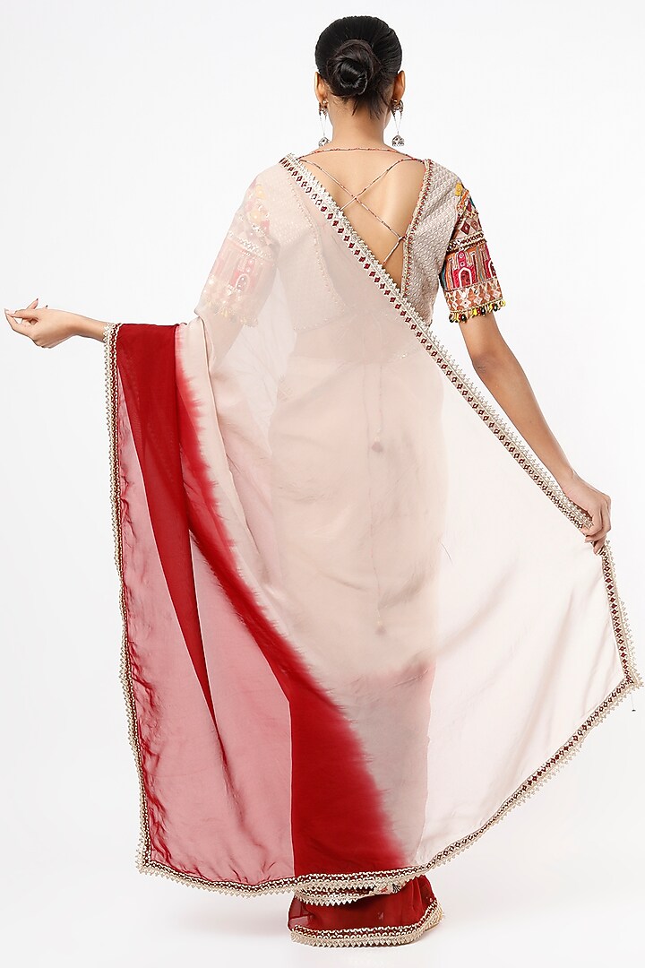 Beige & Maroon Hand-Painted & Embroidered Party Wear Saree Set by Roopa Sharma at Pernia's Pop Up Shop