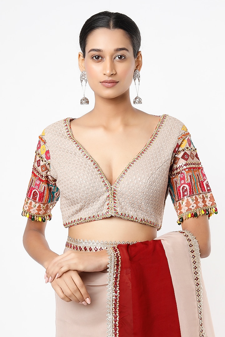 Beige & Maroon Hand-Painted & Embroidered Party Wear Saree Set by Roopa Sharma at Pernia's Pop Up Shop