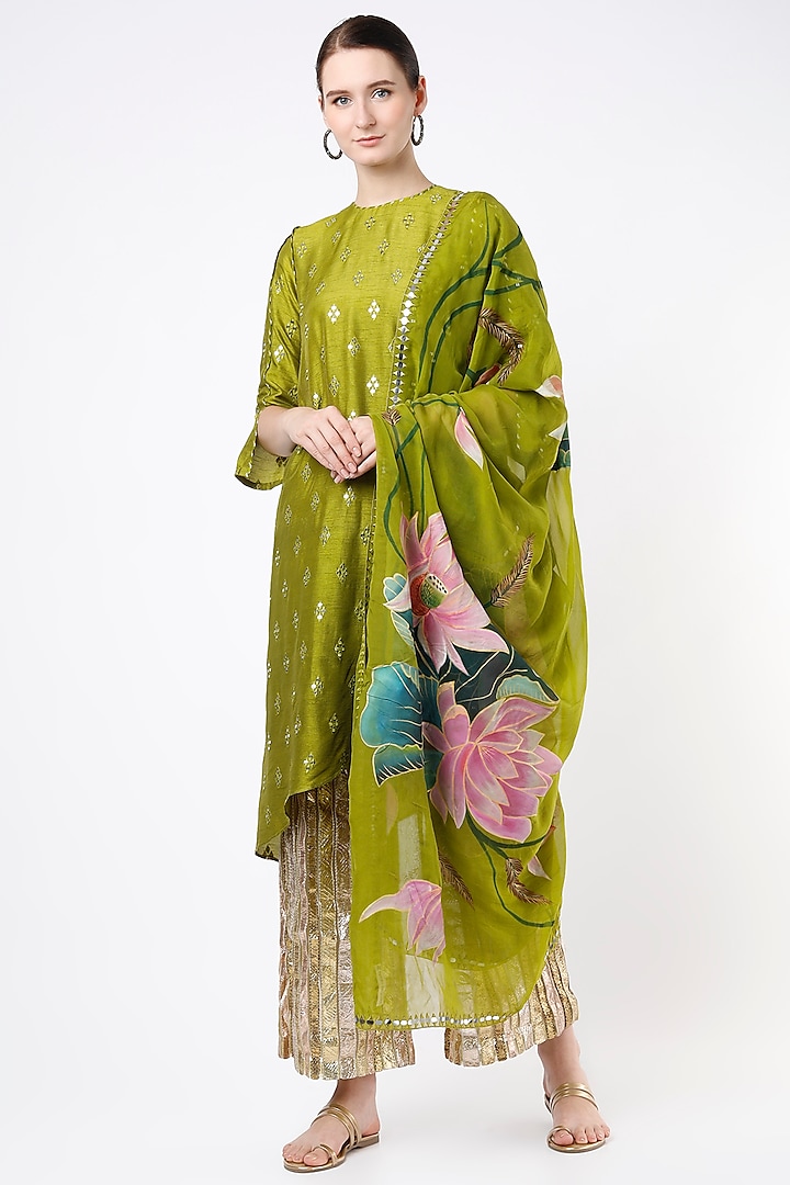 Deep Green Asymmetrical Kurta Set by Roopa Sharma at Pernia's Pop Up Shop