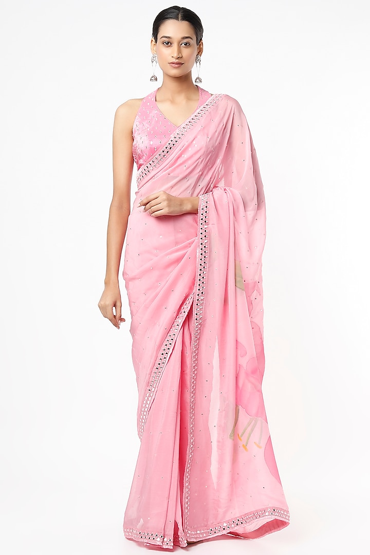 Baby Pink Hand-Painted & Hand Embroidered Saree Set by Roopa Sharma