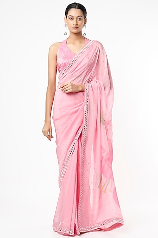 Baby Pink Hand-Painted & Hand Embroidered Saree Set by Roopa Sharma