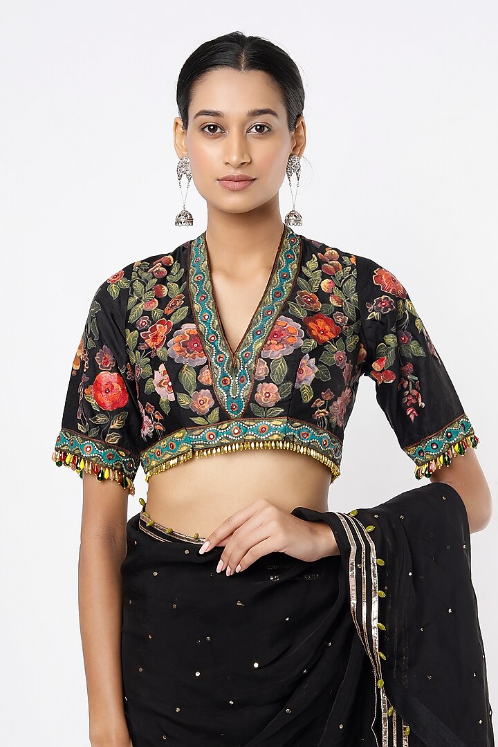 Black Hand Embroidered Party Wear Saree Set by Roopa Sharma at Pernia's Pop Up Shop