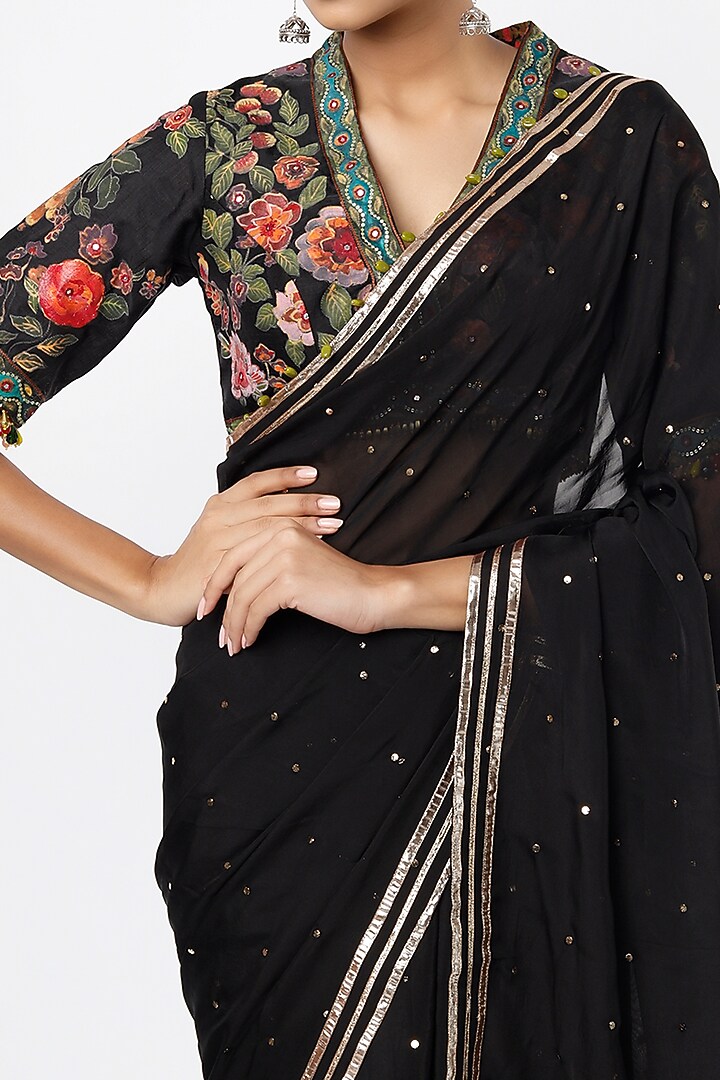Black Hand Embroidered Party Wear Saree Set by Roopa Sharma at Pernia's Pop Up Shop
