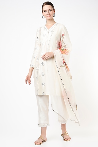 Pale Yellow Gotta Embroidered Kurta Set  by Roopa Sharma