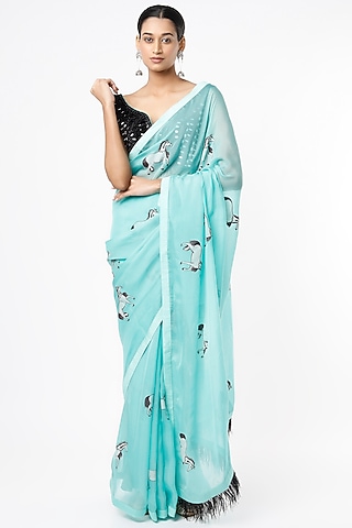 Light Blue Organza Hand-Painted Saree Set by Roopa Sharma