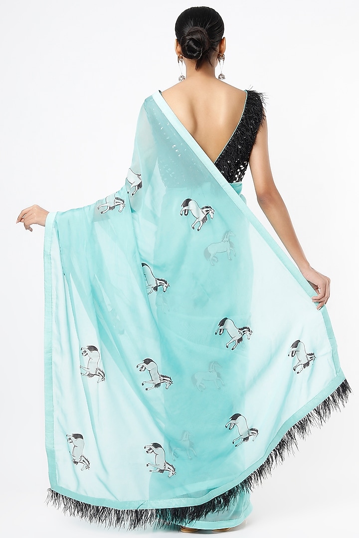 Light Blue Organza Hand-Painted Party Wear Saree Set by Roopa Sharma at Pernia's Pop Up Shop