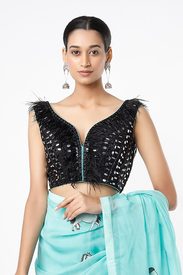 Light Blue Organza Hand-Painted Party Wear Saree Set by Roopa Sharma at Pernia's Pop Up Shop