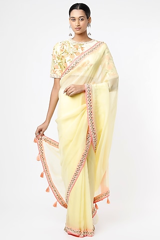 Lemon Yellow Hand Embroidered Saree Set by Roopa Sharma