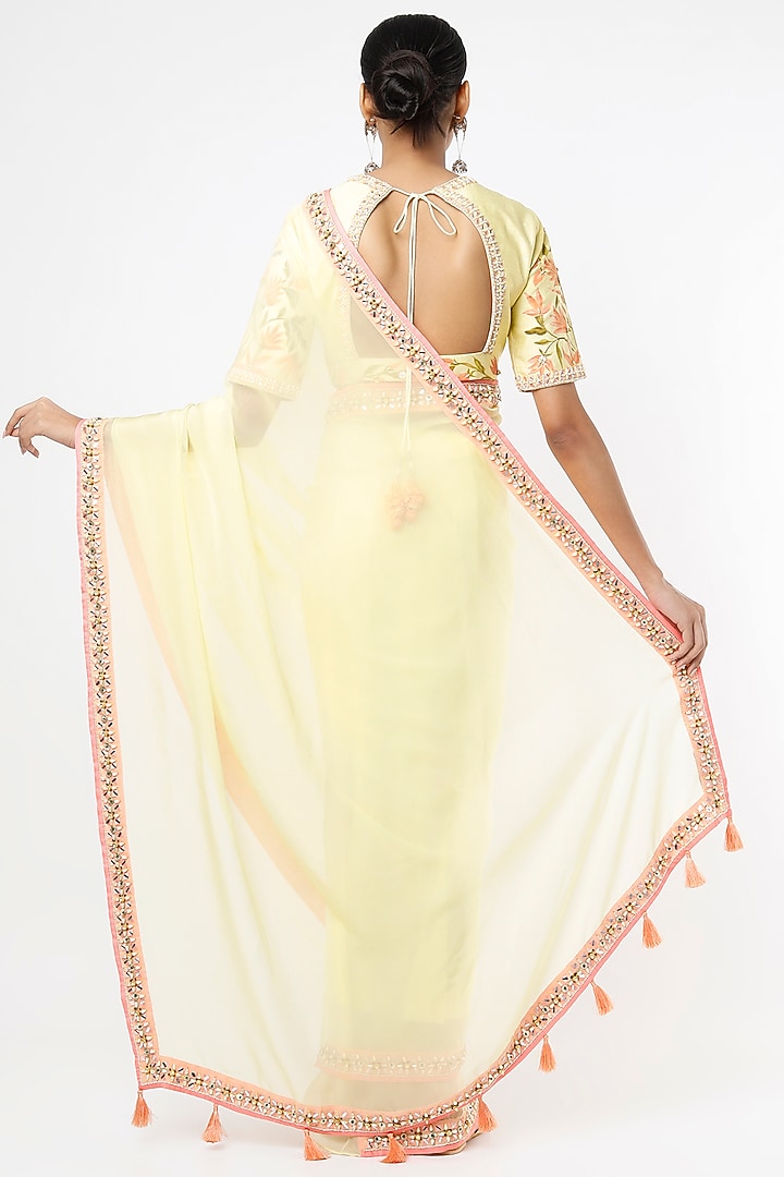 Lemon Yellow Hand Embroidered Party Wear Saree Set by Roopa Sharma at Pernia's Pop Up Shop