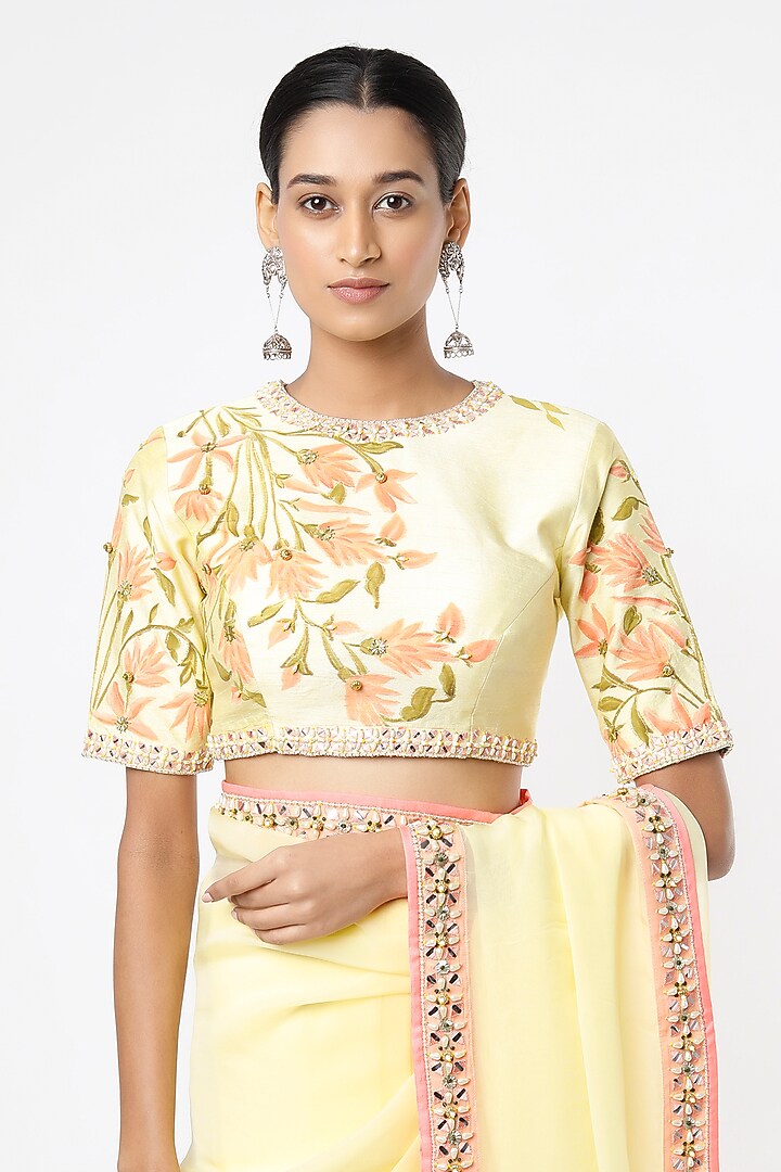 Lemon Yellow Hand Embroidered Party Wear Saree Set by Roopa Sharma at Pernia's Pop Up Shop
