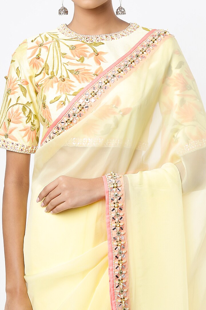 Lemon Yellow Hand Embroidered Party Wear Saree Set by Roopa Sharma at Pernia's Pop Up Shop