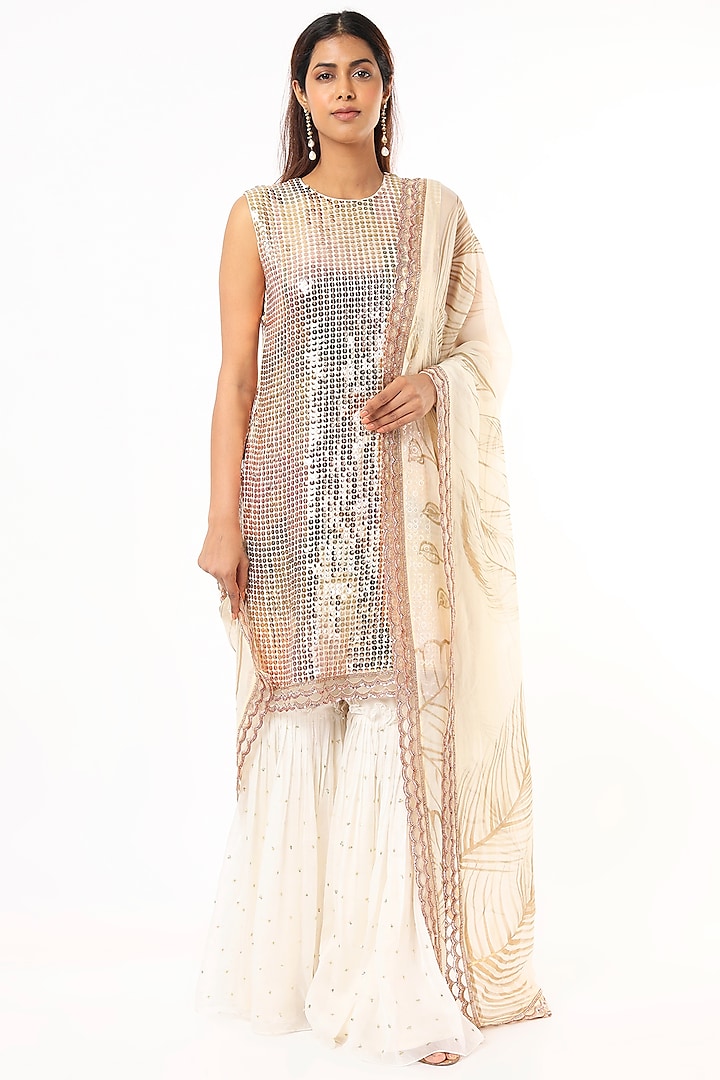 Off-White Sequins Embroidered Kurta Set by Roopa Sharma