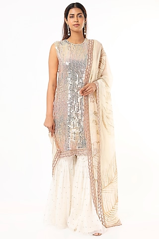 Off-White Sequins Embroidered Kurta Set by Roopa Sharma