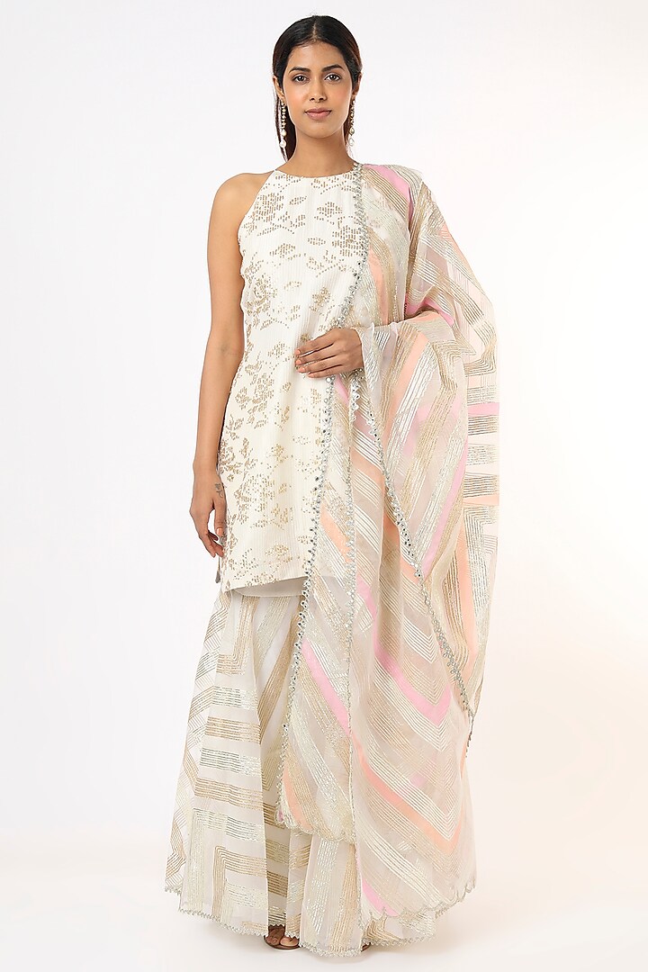 White & Pink Embroidered Sharara Set by Roopa Sharma