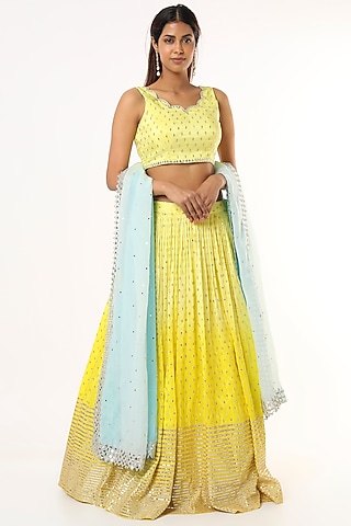 Yellow Hand Embroidered Lehenga Set by Roopa Sharma