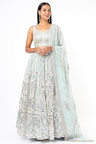 Powder Blue Gota Lehenga Set by Roopa Sharma