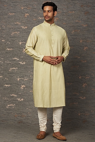 Mint Block Printed Kurta Set by Rajesh Pratap Singh Men