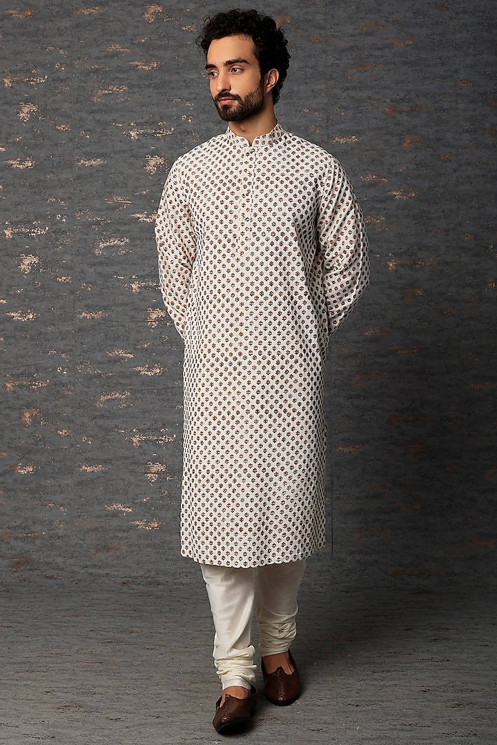 Ivory Block Printed Kurta Set by Rajesh Pratap Singh Men