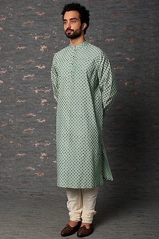 Mint Block Printed Kurta Set by Rajesh Pratap Singh Men