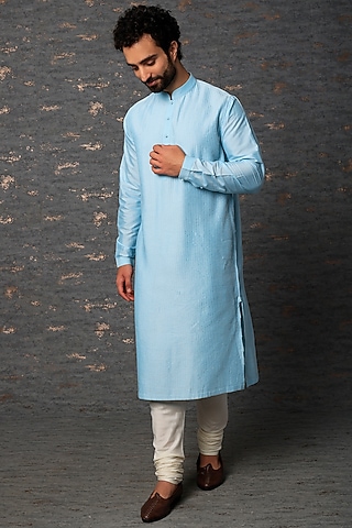 Sky Blue Embroidered Kurta Set by Rajesh Pratap Singh Men