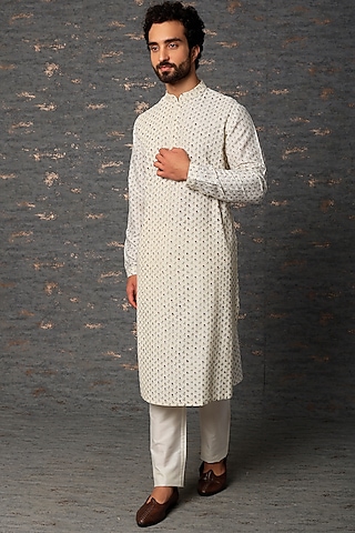 Beige Block Printed Pintucked Kurta Set by Rajesh Pratap Singh Men