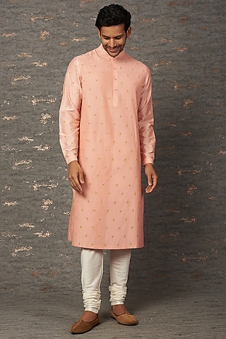 Peach Embroidered Kurta Set by Rajesh Pratap Singh Men