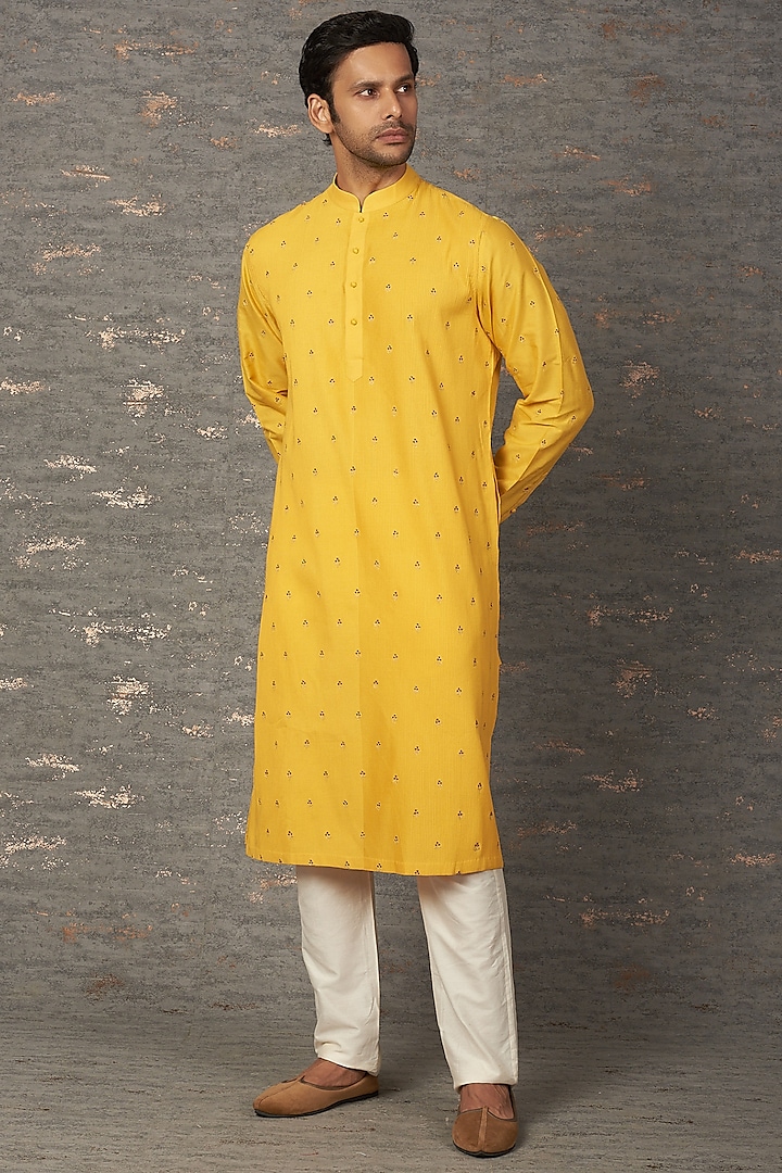 Yellow Embroidered Kurta Set by Rajesh Pratap Singh Men