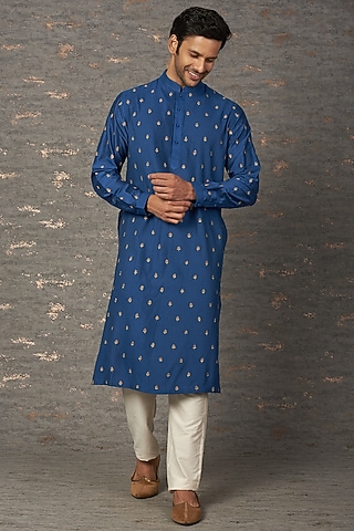 Electric Blue Embroidered Kurta Set by Rajesh Pratap Singh Men