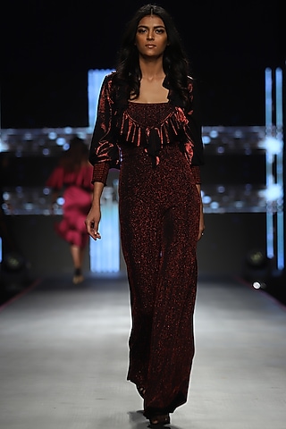 Red Metallic Bodysuit With Pants & Crop Top by RS by Rippii Sethi