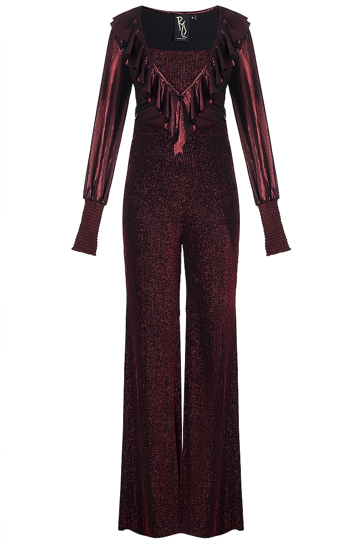 Red Metallic Bodysuit With Pants & Crop Top by RS by Rippii Sethi at Pernia's Pop Up Shop