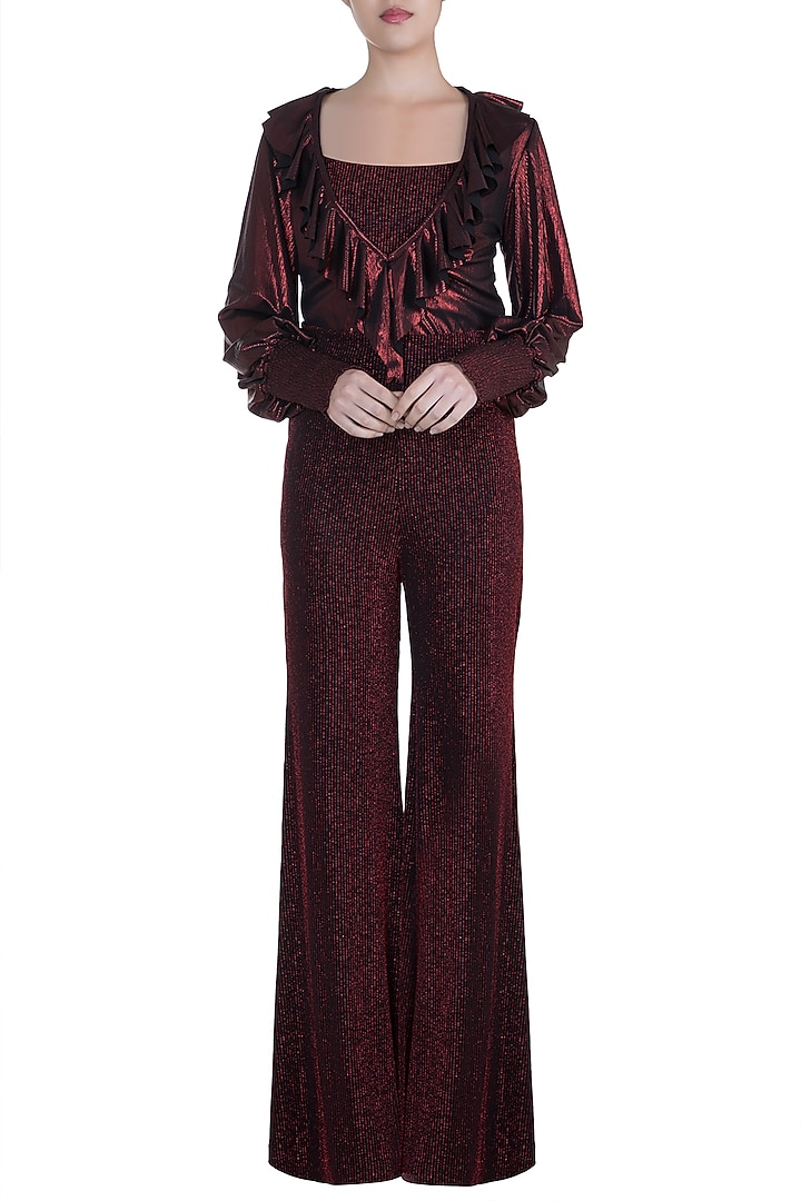 Red Metallic Bodysuit With Pants & Crop Top by RS by Rippii Sethi at Pernia's Pop Up Shop